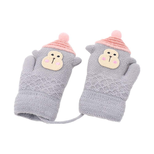 Winter Finmind Winter Kids Gloves Full Finger Gloves Boys and Girls Warm Knitted Wool Fashion Cartoon Monkey Print Gloves (Grey)