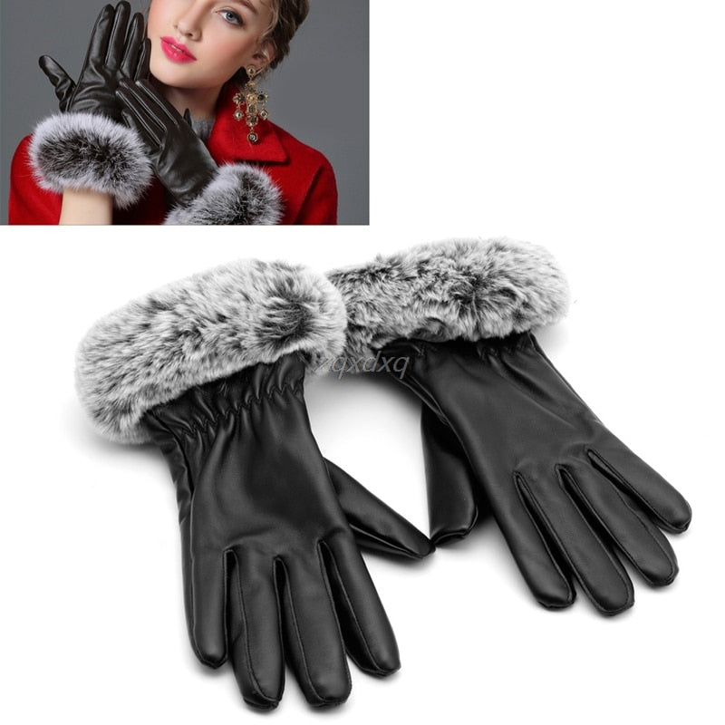 Women Touch Screen Leather Gloves Autumn Winter Warm Rabbit Fur Mittens Black Nov12 Drop ship